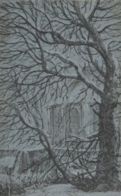 Apse Of A Church Seen Through The Snowy Branches Of A Tree