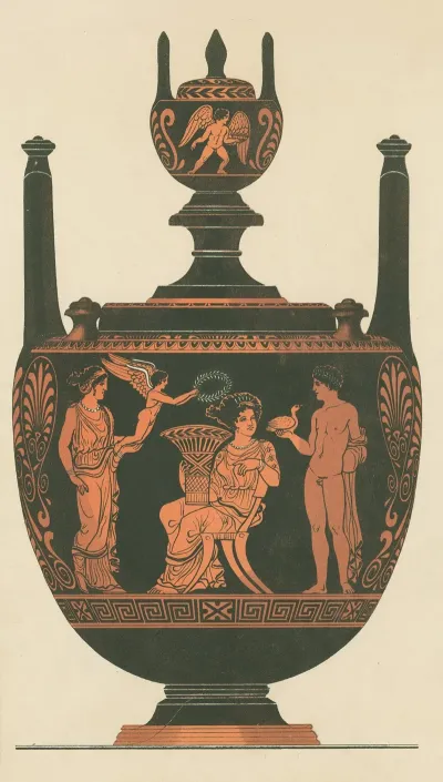 Apulian Lebes Gamikos Showing A Seated Bride Holding A Vase Attended By A Youth With A Dove And A Woman Supporting Eros Who Bears A Wreath