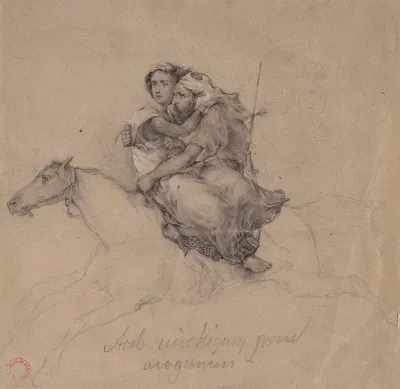 Arab And A Woman Running Away From A Hurricane On Horseback