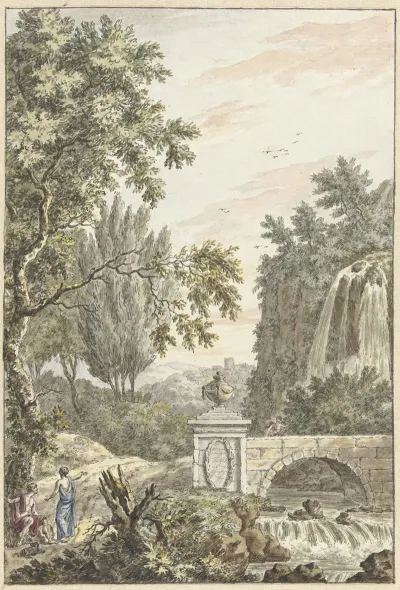 Arcadisch Boslandschap Met Een Waterval Een Brug En Drie Jongemannen