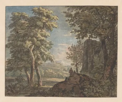 Arcadisch Landschap Met Antiek Bouwval En Twee Mannen