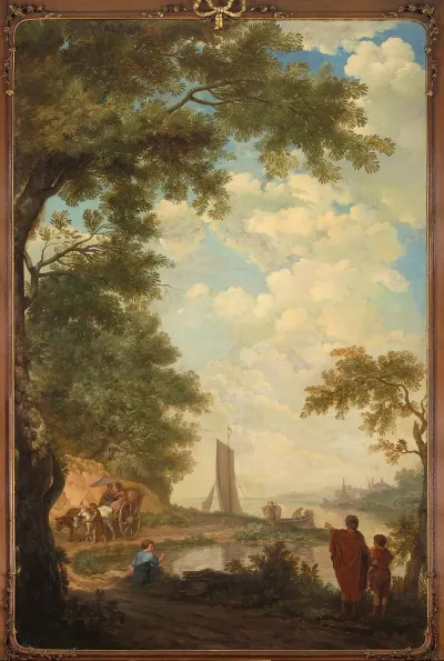 Arcadisch Landschap Met Figuren Bij Een Rivieroever