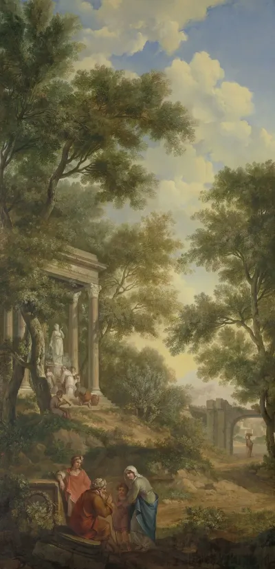 Arcadisch Landschap Met Links Een Tempel En Op De Voorgrond Een Zittende Oude Man