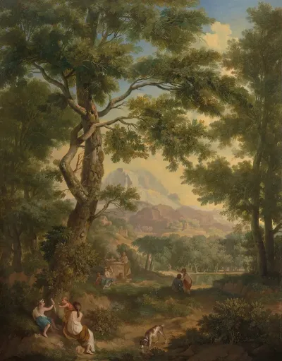 Arcadisch Landschap Met Linksvoor Kinderen Met Een Vogel En Een Hond