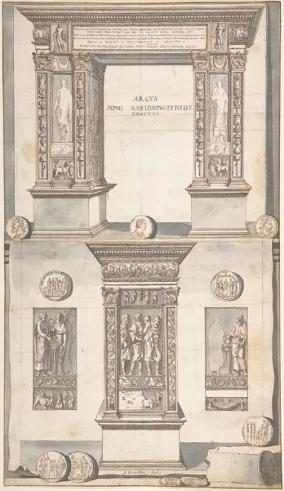 Arch Of Septimius Severus Frontal Elevation Above And Side View Below
