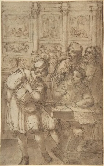 Architect In His Study Holding A Compass And Conversing With Three Men