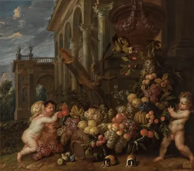 Architectural Capricci With Putti Plucking A Swag Of Fruit 2