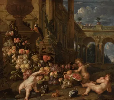 Architectural Capricci With Putti Plucking A Swag Of Fruit