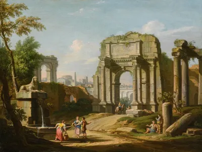 Architectural Capriccio With Ancient Ruins A Sphinx And Figures By A Fountain