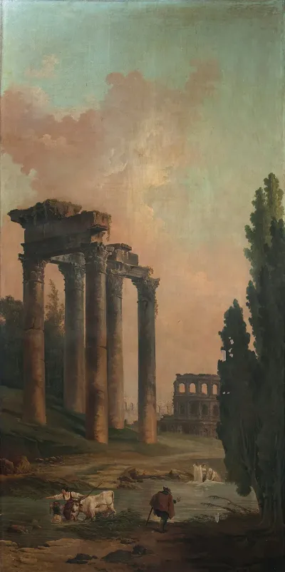 Architectural Capriccio With Ruins Of The Temple Of Saturn And The Colosseum In The Background