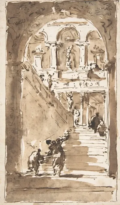 Architectural Fantasy Figures On A Grand Staircase