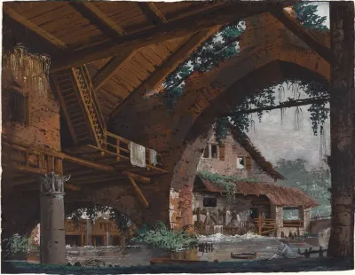 Architectural Fantasy Of Antique Ruins With A Watermill