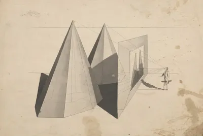 Architectural Perspective Drawing With Shapes At Left And Man Standing At Right