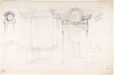 Architectural Sketch For The Design Of A Wall With Doorway With Two Smaller Sketches For The Design Of Windows Or Doorways