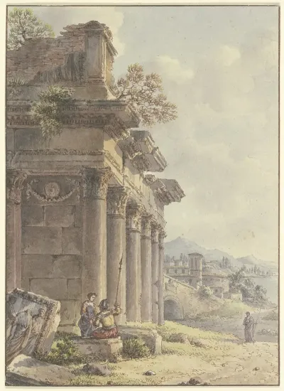 Architektonisches Capriccio Ruinen Einer Tempelfassade Im Hintergrund Landschaft Mit Gebauden Und Seebucht 2
