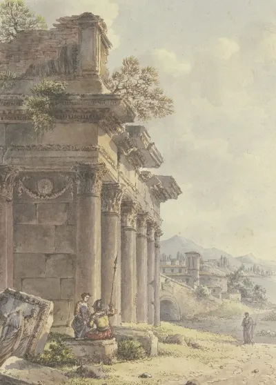 Architektonisches Capriccio Ruinen Einer Tempelfassade Im Hintergrund Landschaft Mit Gebauden Und Seebucht