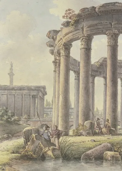 Architektonisches Capriccio Ruinen Eines Rundtempels Im Hintergrund Die Trajansaule