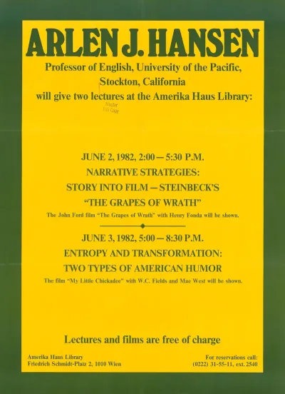 Arlen J Hansen Professor Of English University Of The Pacific Stockton California Will Give Two Lectures At The Amerika Haus Library