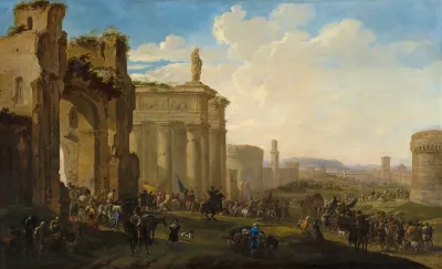 Army Advancing Among Roman Ruins