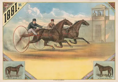 Arness Race Between Two Riders With Portraits Of The Two Horses Maud S And St Julien At Lower Right And Left Corners