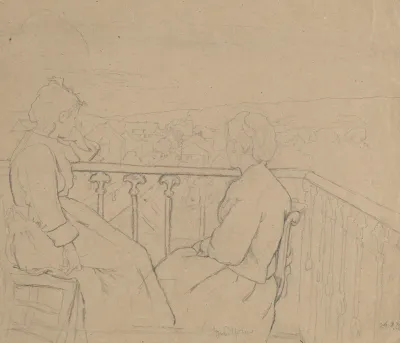 Artists Wife Cella And Sister Agathe Sitting On The Balcony