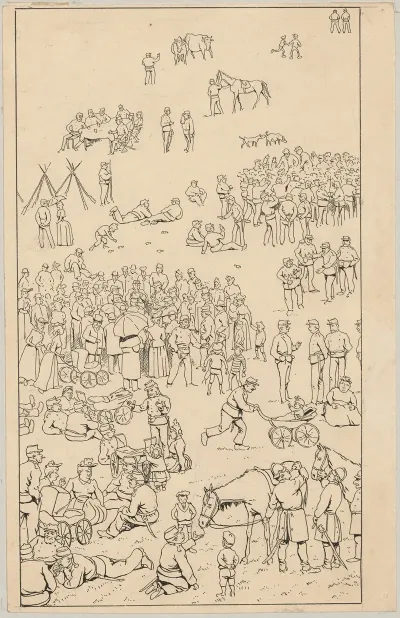 Assembly Of Soldiers Animals Women And Children