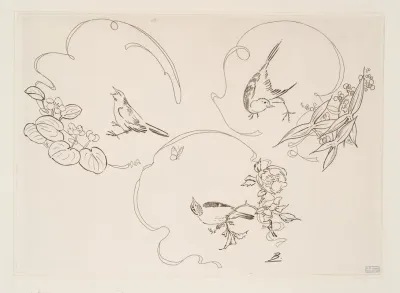 Assiette A Dessert Trois Motifs Composes Chacun Dun Ruban Dune Fleur Et Dun Oiseau 3