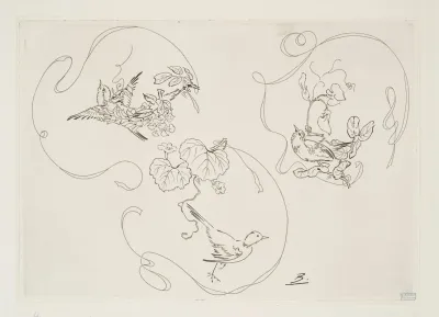 Assiette A Dessert Trois Motifs Composes Chacun Dun Ruban Dune Fleur Et Dun Oiseau 4