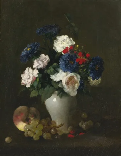 Assorted Flowers In A Vase With Grapes And A Peach On A Table
