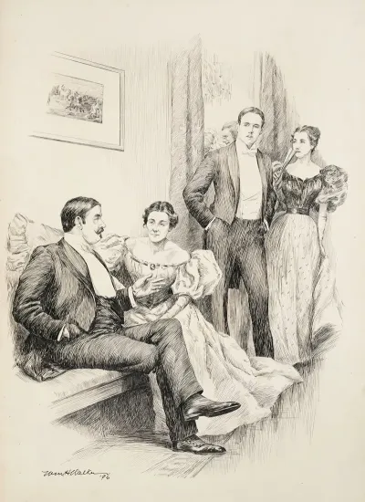 At A Party An Older Couple Sit Together While A Younger Couple Walk Passed Them
