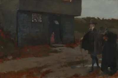 At The Cottage Door 17th Century New England Scene