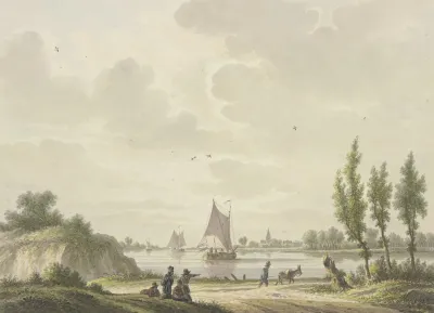 Auf Einem Fluss Segeln Drei Barken Vorne Auf Dem Weg Ein Mann Mit Einem Esel Weiter Links Vier Figuren