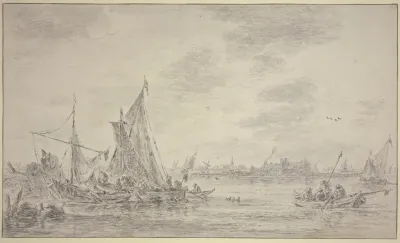 Auf Einem Fluss Viele Fischerbote Rechts Ein Dorf