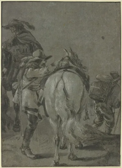 Aufsteigender Reiter Eine Flinte Auf Dem Rucken Dabei Ein Anderer Reiter Und Ein Mann Der Einen Korb Auf Dem Rucken Tragt