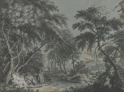 Ausgang Aus Dem Wald Links Zwei Rastende Wanderer In Manteln