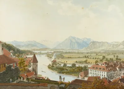 Aussicht Von Dem Kirchhoff In Thun Canton Bern Gegen Die Alpen Und Den See