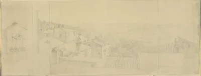 Aussicht Von Der Wohnung Des Kunstlers Uber Die Dacher Von Perugia Mit Dem Haus Des Perugino Aus Dessen Fenster Ein Raucher Blickt