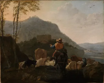 Ausziehende Hirten Mit Ihrer Herde In Sudlicher Berglandschaft
