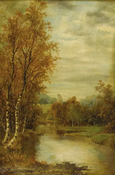Autumn Landscape With Pond And Castle Tower