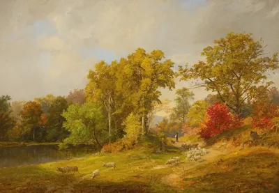 Autumn Landscape With Shepherd Dog And Sheep