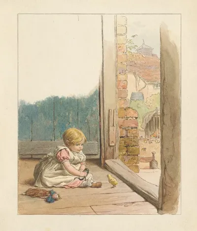Baby Girl With Doll Watching Chick