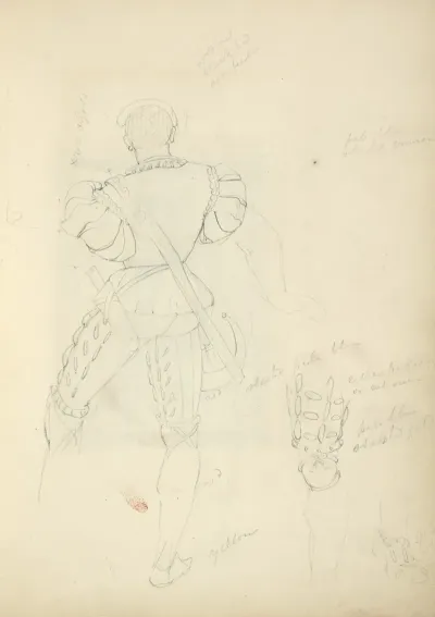 Back View Of A Man In Breeches And Doublet With Horn And Knife In A Sheath Detail Of Leg And Foot