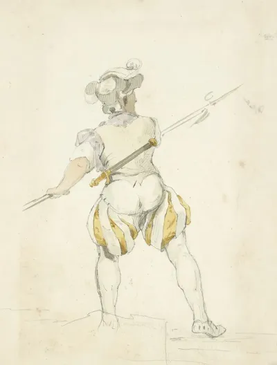 Back View Of A Man In Pantaloons Tights And Hat Drawing Back A Spear