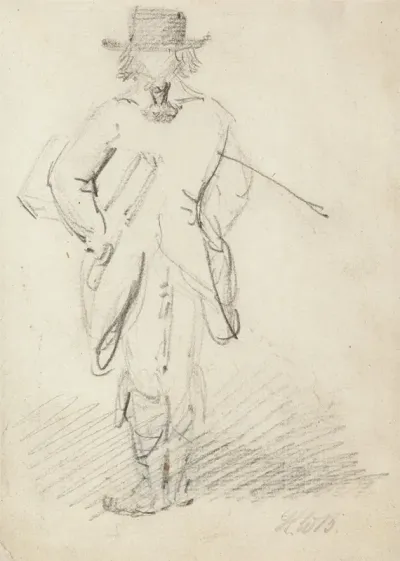Back View Of A Man Standing With A Large Book Or Case Under His Left Arm And A Stick Under His Right Arm