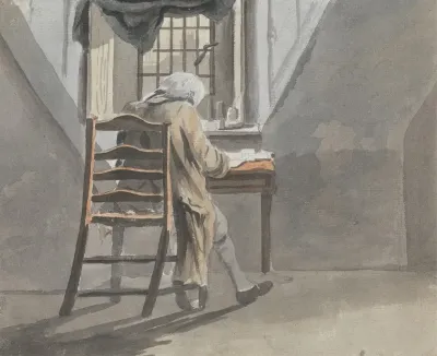 Back View Of A Seated Man In An Attic