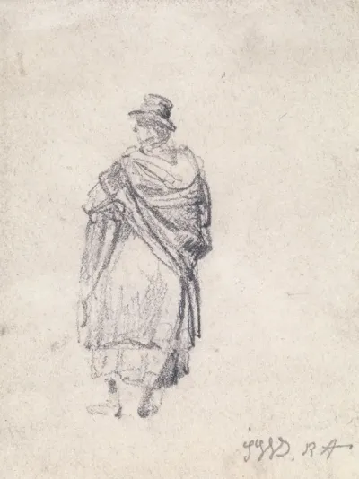 Back View Of Country Woman In Hat And Shawl