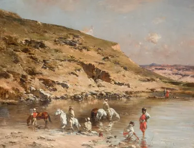 Baignade De Chevaux Algerian Caravan Bathing Horses Against A Rocky Landscape
