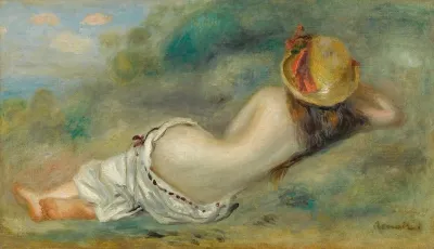 Baigneuse Allongee De Dos Avec Un Chapeau De Paille Or Femme Couchee Sur Lherbe