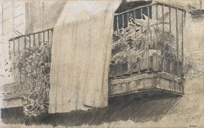 Balcony With Flowers And Curtain
