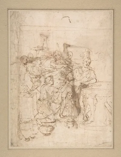 Banquet Scene A Seated Warrior Attended By A Number Of Servants
